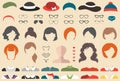 Big vector set of dress up constructor with different woman haircuts, glasses, lips, wear etc. Female faces icon creator Royalty Free Stock Photo