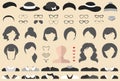 Big vector set of dress up constructor with different woman haircuts, glasses, lips, wear etc. Female faces icon creator Royalty Free Stock Photo