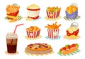 Big vector set with fast food in disposable packing on napkin.