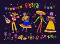 Big vector set of fiesta elements, symbols & skeleton characters in flat hand drawn style isolated on dark background. Royalty Free Stock Photo