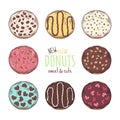 Big vector set of glazed donuts decorated with toppings, chocolate, nuts Royalty Free Stock Photo