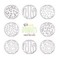 Big vector set of glazed donuts decorated with toppings, chocolate, nuts Royalty Free Stock Photo