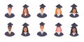 Big Vector Set of Happy multi ethnic Graduated students avatars in academic gown and cap. Pupil graduation at university