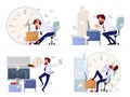 Big vector set with highlights of working life of bearded manager, office worker, businessman.