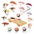 Big vector set with japanese sushi, sashimi, makizushi, norimaki grouped around wooden geta tray.