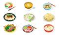 Big vector set of korean dishes in bowls, plates, sauces, condiments, chopsticks, spoons.