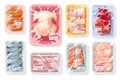 Big vector set with meat, poultry, seafood on plastic trays covered with kitchen saran film.