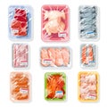 Big vector set with meat, poultry, seafood on plastic trays covered with kitchen saran film.