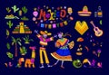 Big vector set of mexico elements, skeleton characters, animals in flat hand drawn style isolated on dark background.