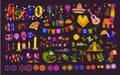 Big vector set of mexico elements, symbols & animals in flat hand drawn style isolated on dark background.