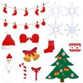 Big set with New Year, Christmas, Noel elements like a christmas tree, bells, snowflaks, snowmen, cap, mittens, sock, present box