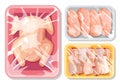 Big vector set with plastic packages of meat, poultry for best keeping food safe.