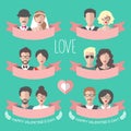 Big vector set of romantic valentine cards with flat ribbon, heart, boy and girl. Love cards collection with couples.