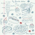 Big vector set of sketch fast food. Doodle food icons. Hand drawn illustrations on a sheet of exercise book. Royalty Free Stock Photo