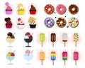 A big vector set of sweet pastries. Illustration of different types of ice cream, donuts and cupcakes. Flat design Royalty Free Stock Photo