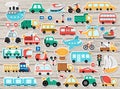 Big vector transportation stickers set. Transport patch icons collection with funny bus, car, boat, truck. Cute cartoon road way
