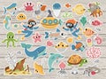 Big vector under the sea stickers set. Ocean patches icons collection with funny seaweeds, fish, divers, submarine. Cute cartoon Royalty Free Stock Photo