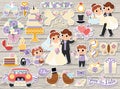 Big vector wedding stickers set. Marriage ceremony patches icons collection with funny just married couple, bride, groom,