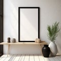 Big vertical empty mock up poster black frame on white stucco wall above wooden bench with books and vases. Scandinavian design