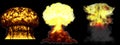 3D illustration of explosion - 3 big high detailed different phases mushroom cloud explosion of nuke bomb with smoke and fire Royalty Free Stock Photo