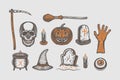 Big Vintage Halloween Set Of Broom, Skull, Pumpkin, Hand, Graves