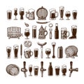 Big vintage set of beer objects. Various types of beer glasses and mugs, barrel, bottle, can opener. Vector illustration Royalty Free Stock Photo