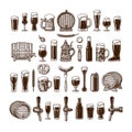 Big vintage set of beer objects. Various types of beer glasses and mugs, barrel, bottle, can opener. Vector illustration