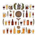 Big vintage set of beer objects. Various types of beer glasses and mugs, barrel, bottle, beer tap. Vector illustration