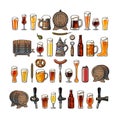 Big vintage set of beer objects. Various types of beer glasses and mugs, barrel, bottle, beer tap. Vector illustration Royalty Free Stock Photo