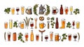 Big vintage set of beer objects. Various types of beer glasses and mugs. Hand drawn vector illustration