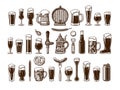 Big vintage set of beer objects. Various types of beer glasses and mugs. Hand drawn vector illustration Royalty Free Stock Photo