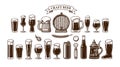 Big vintage set of beer objects. Various types of beer glasses and mugs, old wooden barrel, hop, bottle, can, opener
