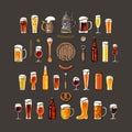 Big vintage set of beer objects. Various types of beer glasses and mugs. Vector illustration Royalty Free Stock Photo