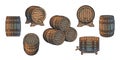 Big vintage set of old wooden barrels for beer, wine, whisky, rum in different positions. Vector illustration