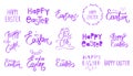 Big violet purple easter set. Collection Happy Easter Day handwritten sign. Spring style. April Sunday holiday. Hand drawn letteri Royalty Free Stock Photo