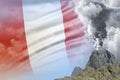 big volcano blast eruption at day time with white smoke on Peru flag background, troubles because of eruption and volcanic Royalty Free Stock Photo