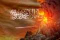 big volcano blast eruption at night with explosion on Saudi Arabia flag background, problems of eruption and volcanic ash Royalty Free Stock Photo