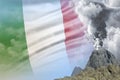 big volcano eruption at day time with white smoke on Italy flag background, troubles because of disaster and volcanic ash Royalty Free Stock Photo