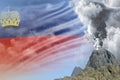 big volcano eruption at day time with white smoke on Liechtenstein flag background, problems of natural disaster and volcanic ash Royalty Free Stock Photo