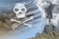 High volcano blast eruption at day time with white smoke on Pirate flag background, problems of eruption and volcanic earthquake Royalty Free Stock Photo