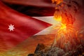 big volcano eruption at night with explosion on Jordan flag background problems of disaster and volcanic earthquake concept - 3D