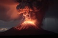 A big volcano erupts with a dark ash cloud in the sky with lightning created with generative AI technology Royalty Free Stock Photo