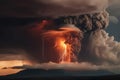 A big volcano erupts with a dark ash cloud in the sky with lightning created with generative AI technology Royalty Free Stock Photo