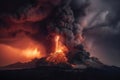 A big volcano erupts with a dark ash cloud in the sky with lightning created with generative AI technology Royalty Free Stock Photo