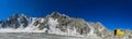 High mountain wall of Tian Shan, snow and glacier ice of Free Korea peak in Ala Archa, Korona Hut Royalty Free Stock Photo