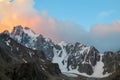 Korona mountain landscape in Tian Shan, glacier and rocky summits in Ala Archa