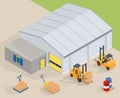 Big warehouse with office. Near forklifts, pallet truck, scales and barrels