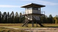 Big watchtower on border. Security of prison, military base Royalty Free Stock Photo