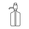 Big water bottle with manual pump. Line art icon of dispenser with button, nose. Black illustration of clear plastic bottle for