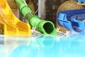 Big water slides and pool in indoor aquapark